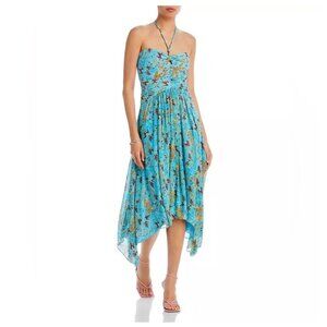 ALC Womens Size 4 Blue Floral Handkerchief Hem Midi Halter Dress 100% Silk NEW